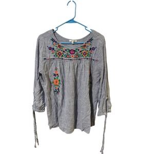 JODIFL Size Large Embroidered Striped Tunic Top Long Sleeve Tie Cuff Blue